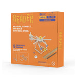 Beaver wooden vehicle building kit in orange retail packaging, showing the box front with product title, age and piece count, a rendered assembled vehicle, and small included parts.