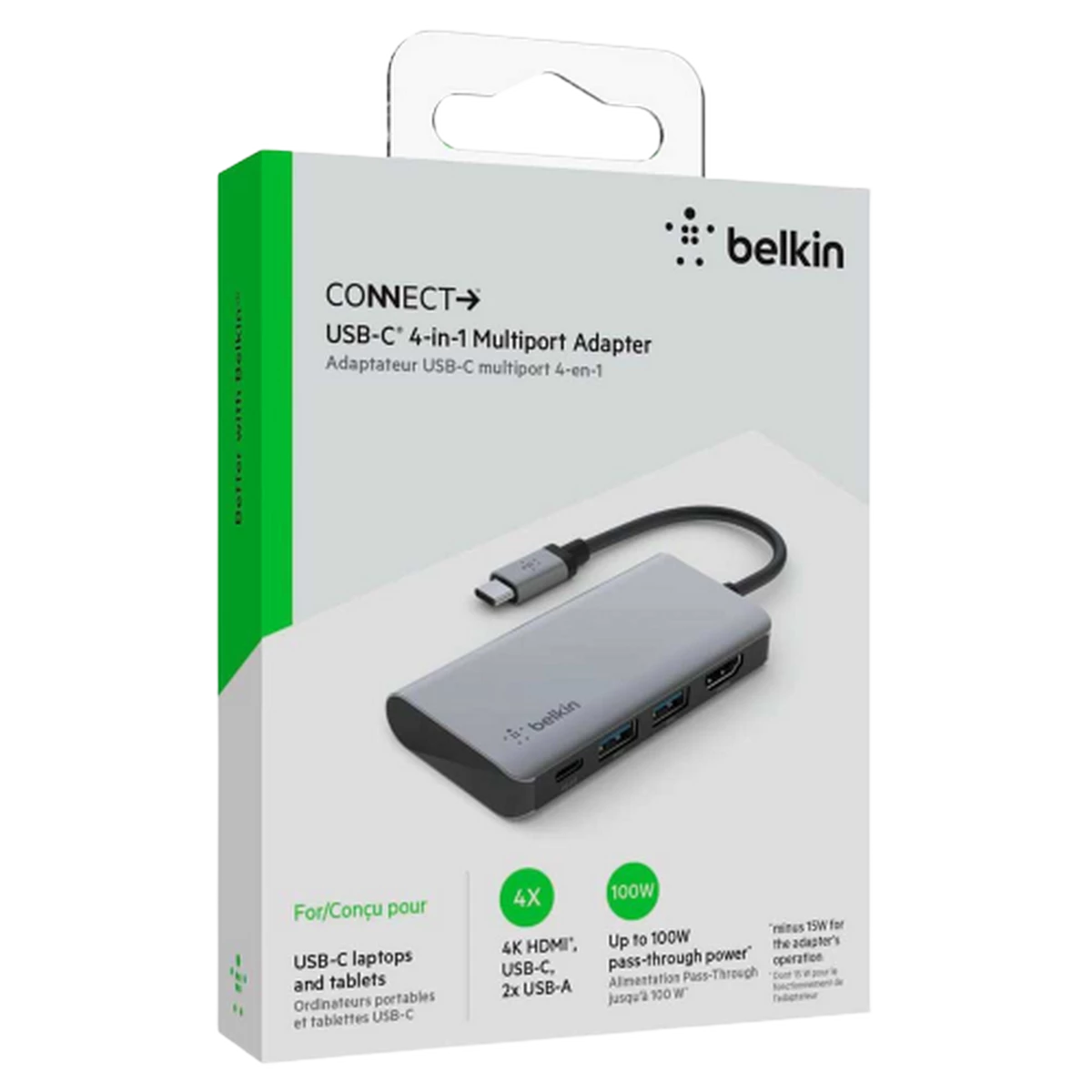 Belkin (AVC006BTSGY) 4in1 USB-C Multiport Adapter - Up to 100W Passthrough Power - Grey