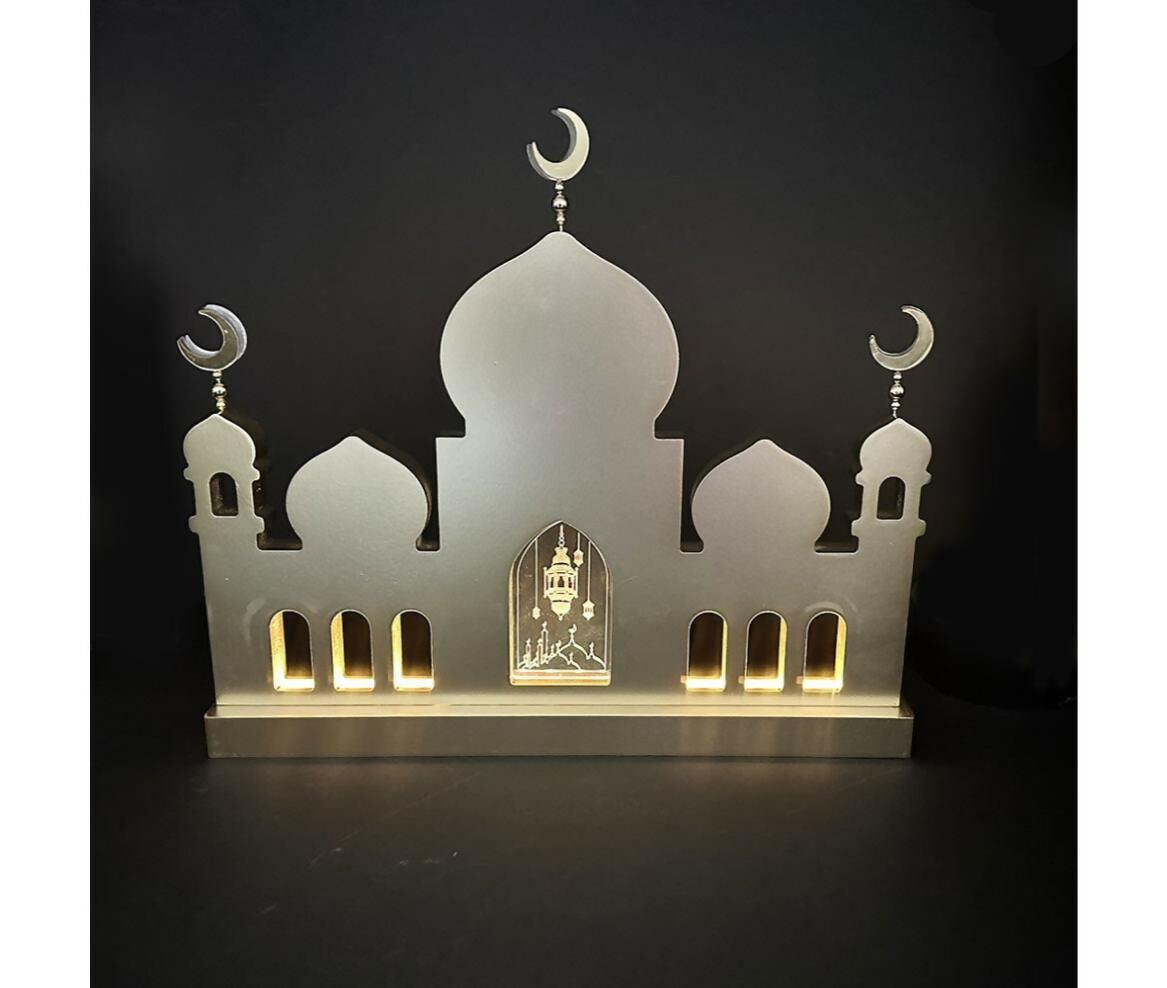 Lantern Fanous Light | Mosque | Wood | 40x34cm | White+Gold