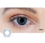 Close-up of a blue contact lens with an eye wearing it, labeled 'Blue'.