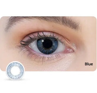 Close-up of a blue contact lens with an eye wearing it, labeled 'Blue'.