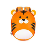 A small orange tiger-face backpack with black stripes, a white belly, and plush ears, photographed on a plain white background.