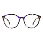 Round eyeglasses with a purple and black tortoiseshell patterned frame and clear lenses, shown against a plain white background.