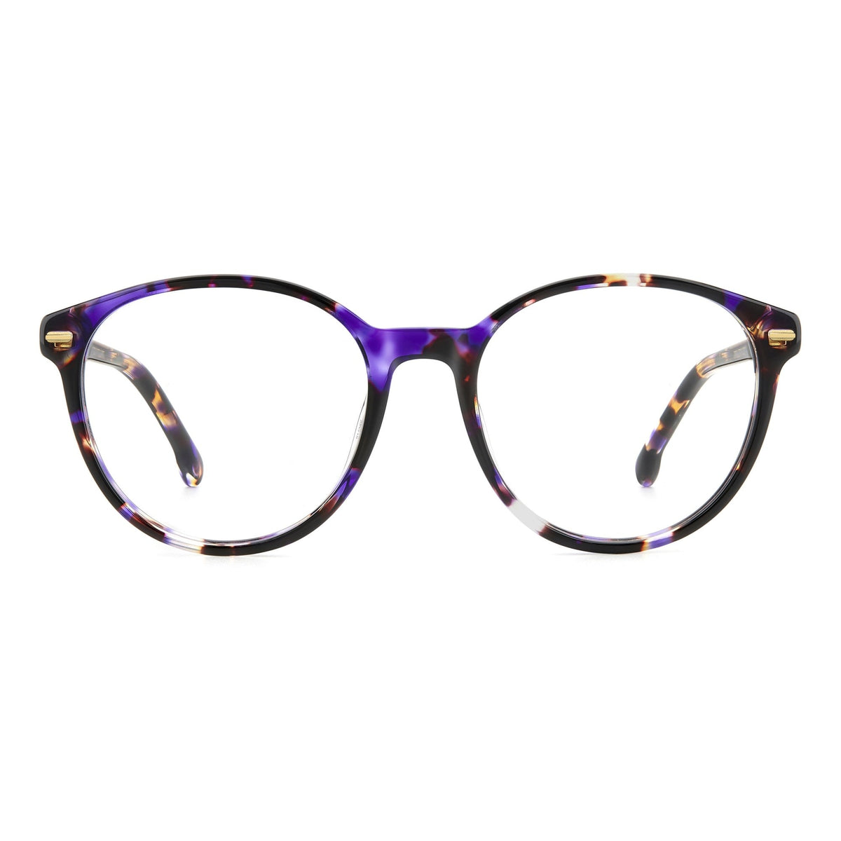 Round eyeglasses with a purple and black tortoiseshell patterned frame and clear lenses, shown against a plain white background.