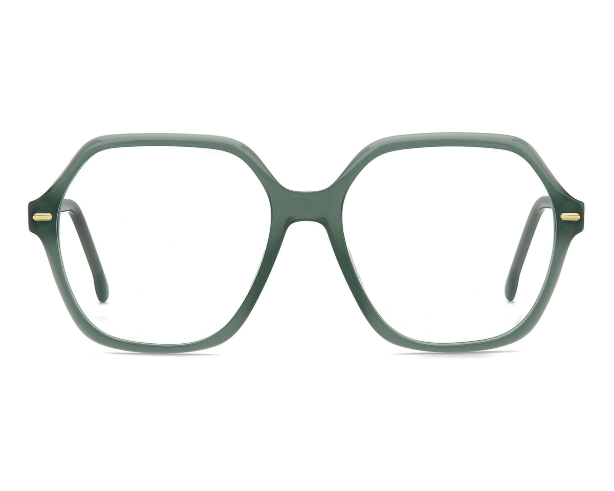 Green women's eyeglasses on a white background