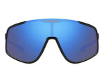 Black sunglasses with blue reflective lenses on a white background