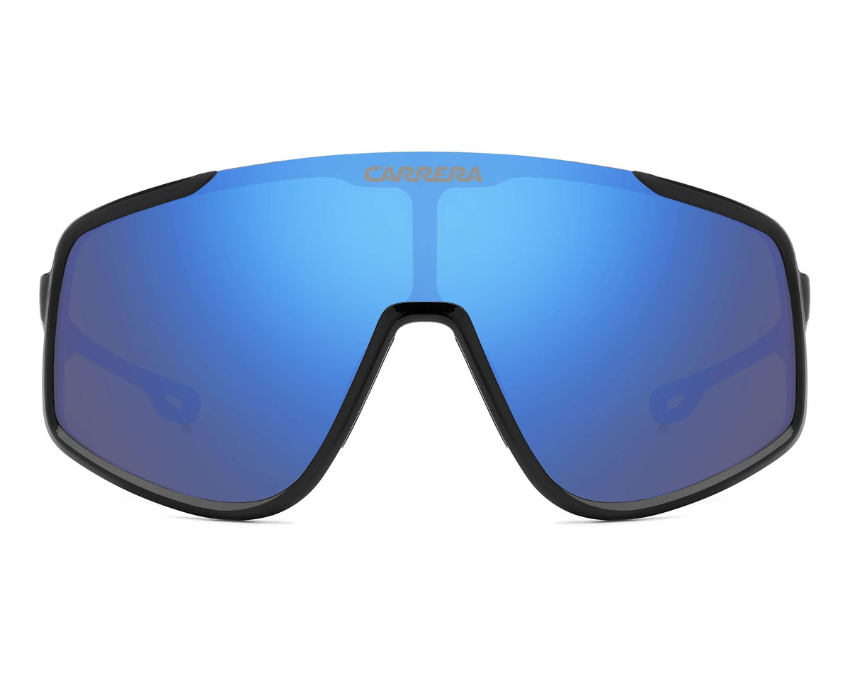 Black sunglasses with blue reflective lenses on a white background