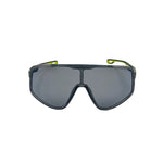 Sunglasses with a black frame and reflective lenses on a white background