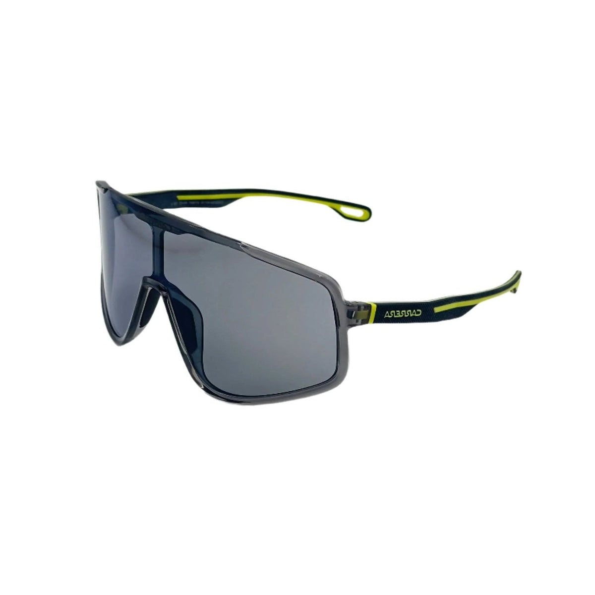 Sunglasses with black frame and dark lenses on a white background