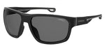 Carrera sport sunglasses with a matte black frame and dark gray lenses, shown from a three-quarters angle on a white background.