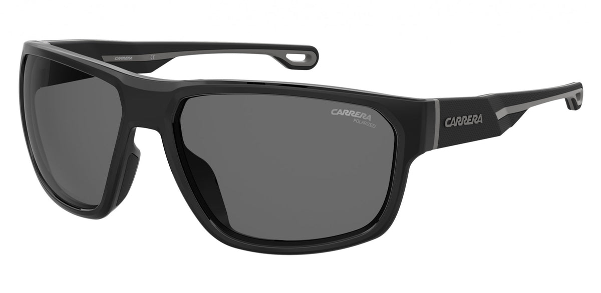 Carrera sport sunglasses with a matte black frame and dark gray lenses, shown from a three-quarters angle on a white background.