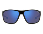Black sunglasses with blue lenses on a white background