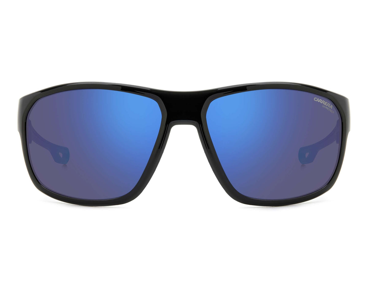 Black sunglasses with blue lenses on a white background