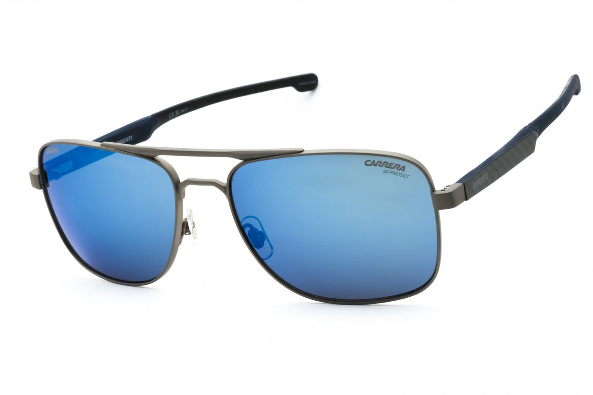 Sunglasses with blue lenses and dark frame on a white background