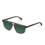 Grey Sunglasses with green lenses on a white background. 