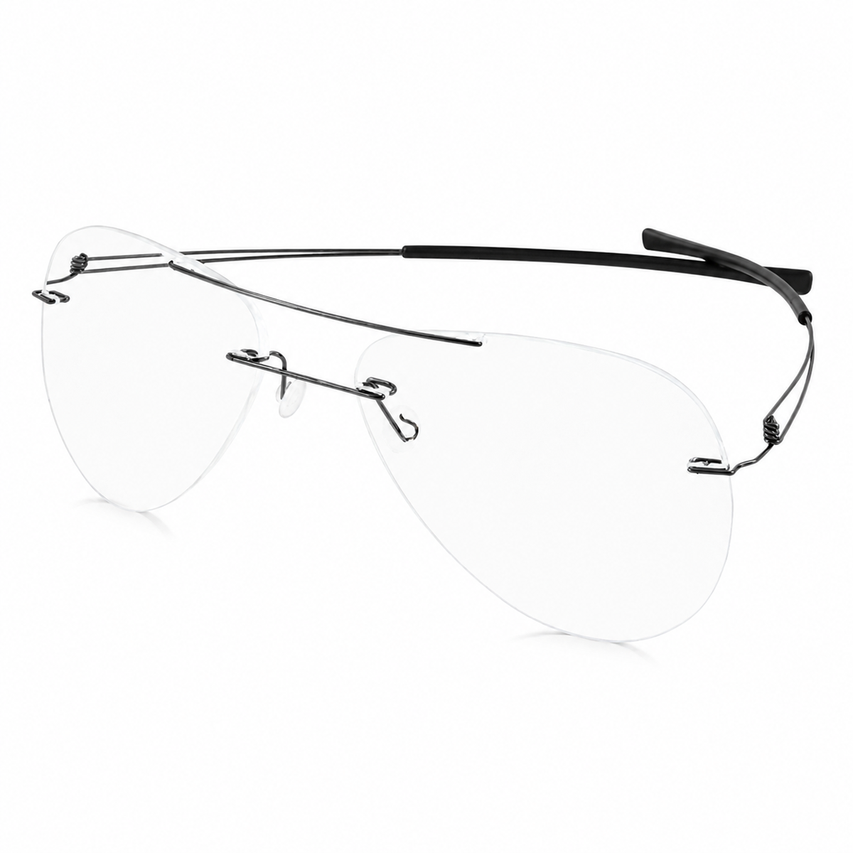 Pair of rimless eyeglasses on a white background