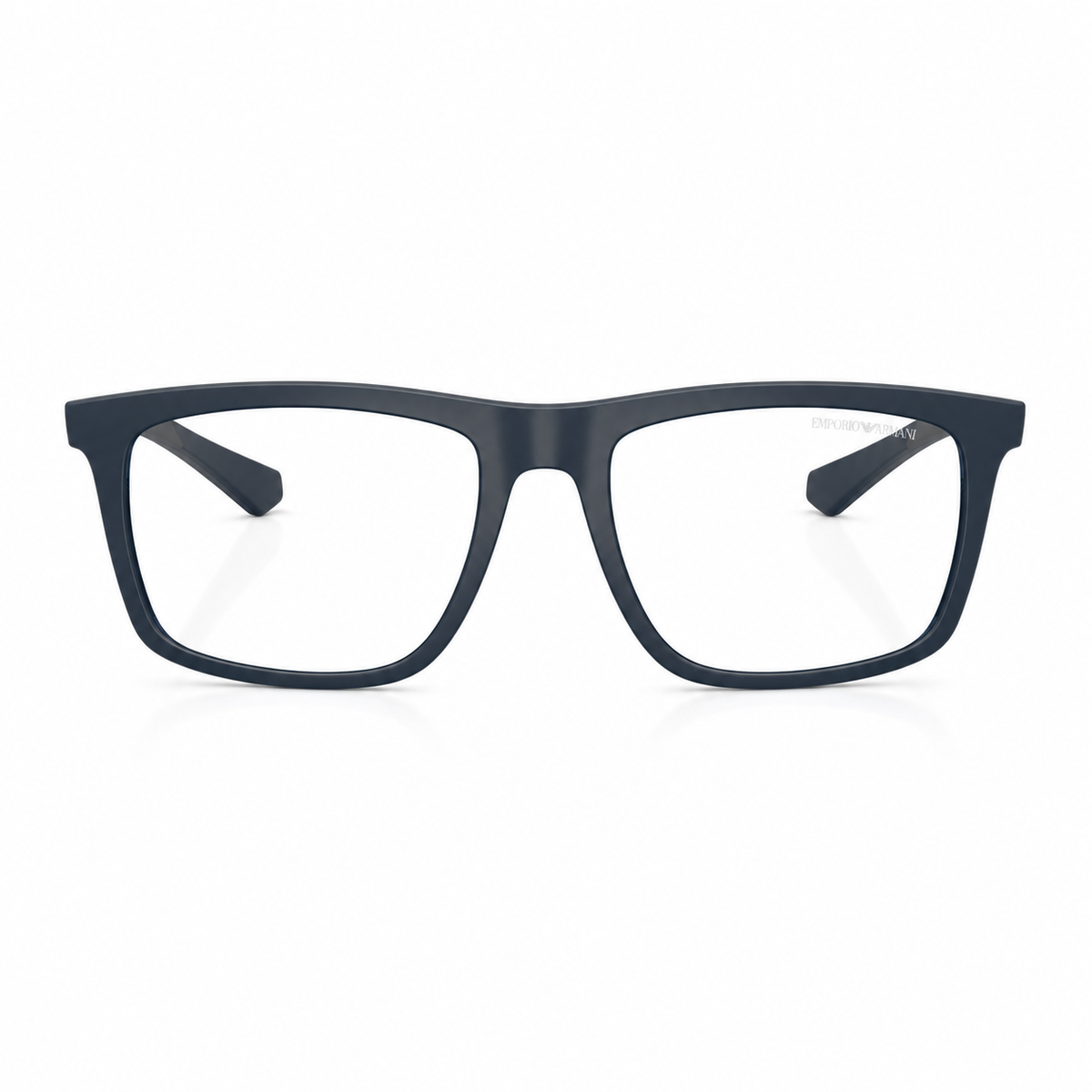 Blue eyeglasses with clear lenses, shown from the front on a white background.