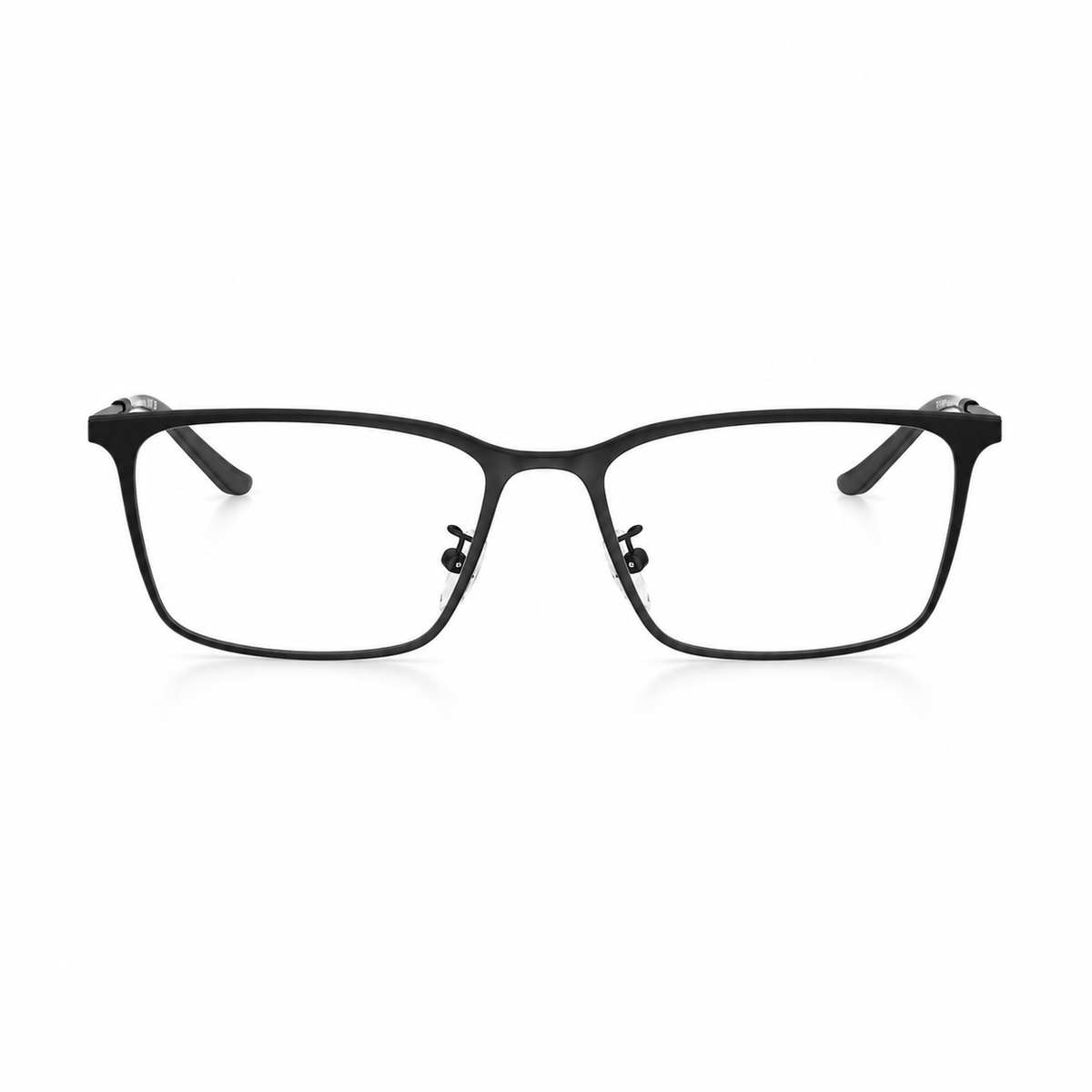 Matte black full-rim eyeglasses with a rectangular shape and clear lenses, shown from the front on a white background.