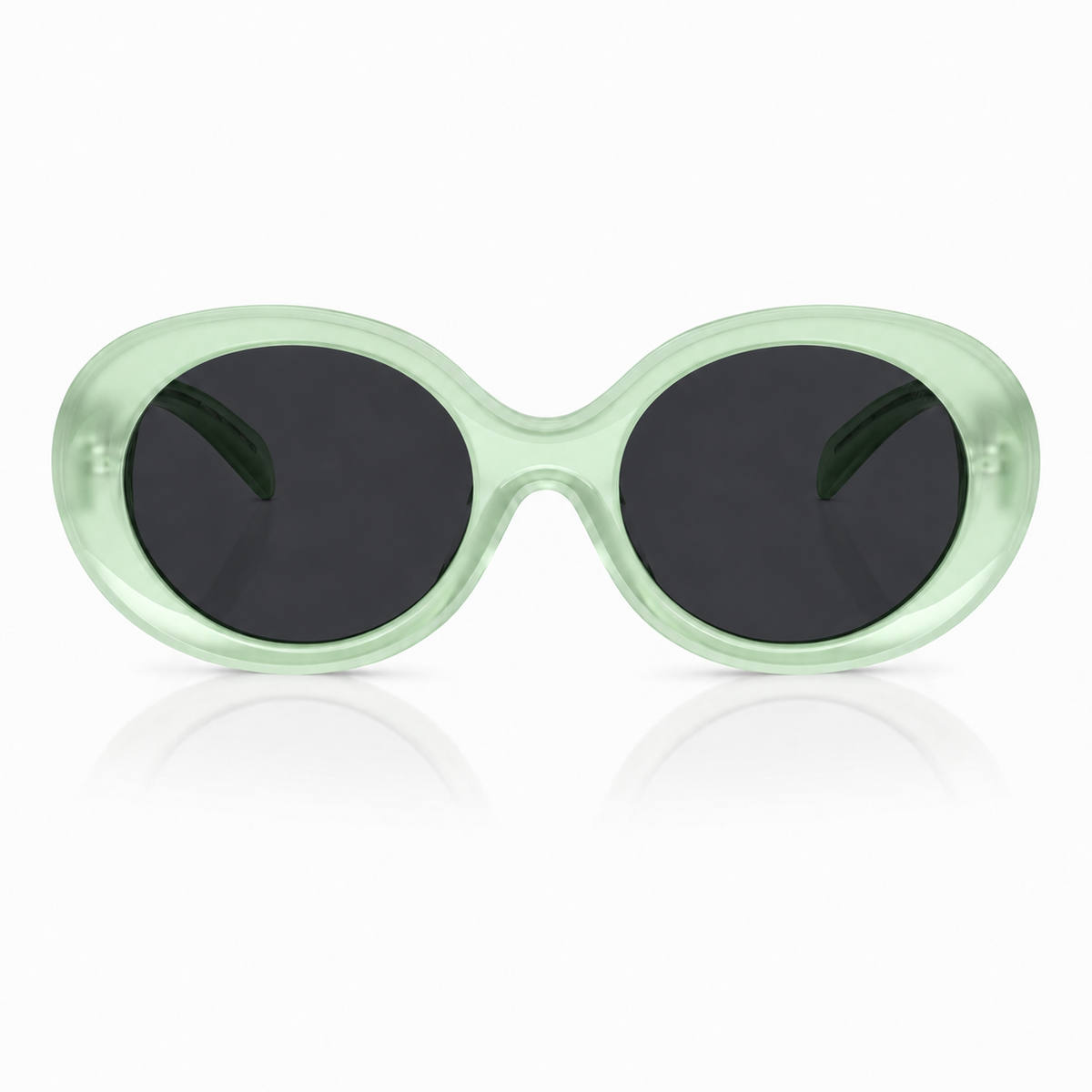 Sunglasses with a translucent mint green frame and dark gray lenses, shown against a white background with a soft reflection below.