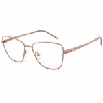 A pair of metal eyeglasses frames in a warm rose gold finish, featuring clear lenses and small logo accents on the temples, set against a plain white background.
