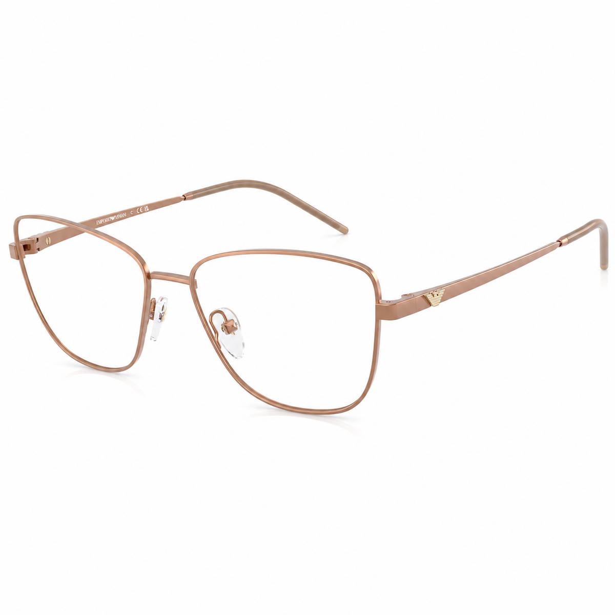 A pair of metal eyeglasses frames in a warm rose gold finish, featuring clear lenses and small logo accents on the temples, set against a plain white background.