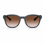 A pair of round-frame sunglasses with a matte blue frame and brown gradient lenses, featuring the silver Emporio Armani eagle logo on the temples.