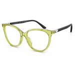 Cat-eye eyeglasses with a translucent lime green frame and black temples, shown on a clean white background.