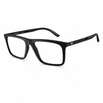 Black rectangular eyeglasses with a matte finish and a silver embroidered logo on the temple arm, shown on a white background.