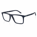 Matte black rectangular eyeglasses with clear lenses and a small silver embroidered logo on the temple, shown on a white background with a soft reflection.