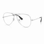 Silver metal aviator-style eyeglasses with clear lenses and black temple tips, shown on a clean white background with a soft reflection below.