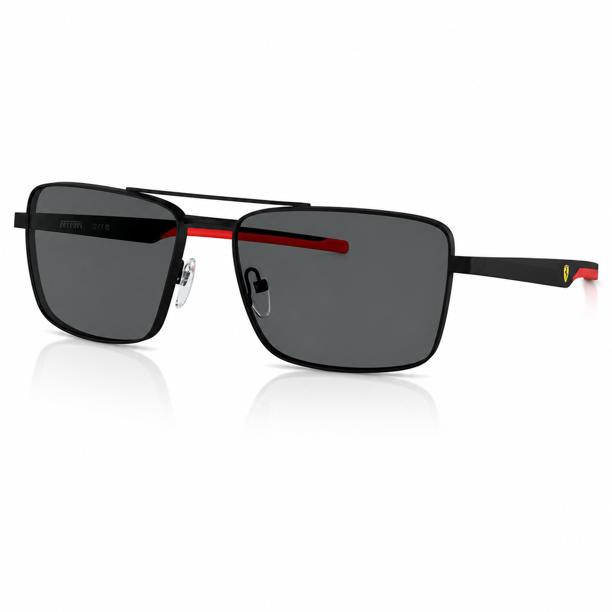 A pair of rectangular aviator-style sunglasses with a matte black frame, dark gray lenses, and a distinctive red accent stripe on the front frame and temple arm.