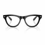 Black acetate cat-eye eyeglasses with clear lenses, shown from the front on a white background with a soft reflection below.