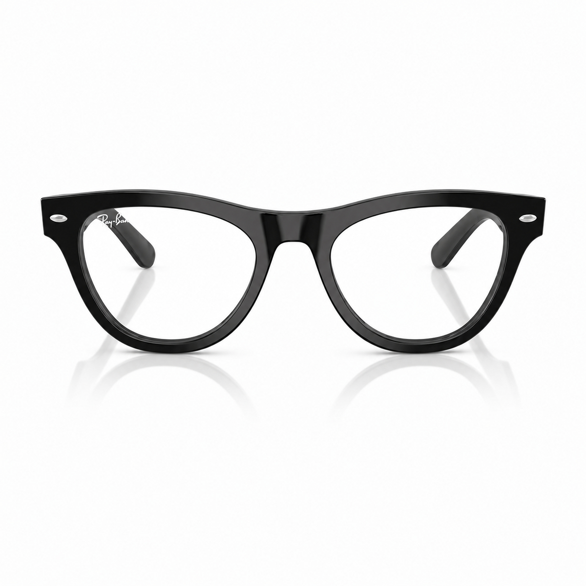 Black acetate cat-eye eyeglasses with clear lenses, shown from the front on a white background with a soft reflection below.