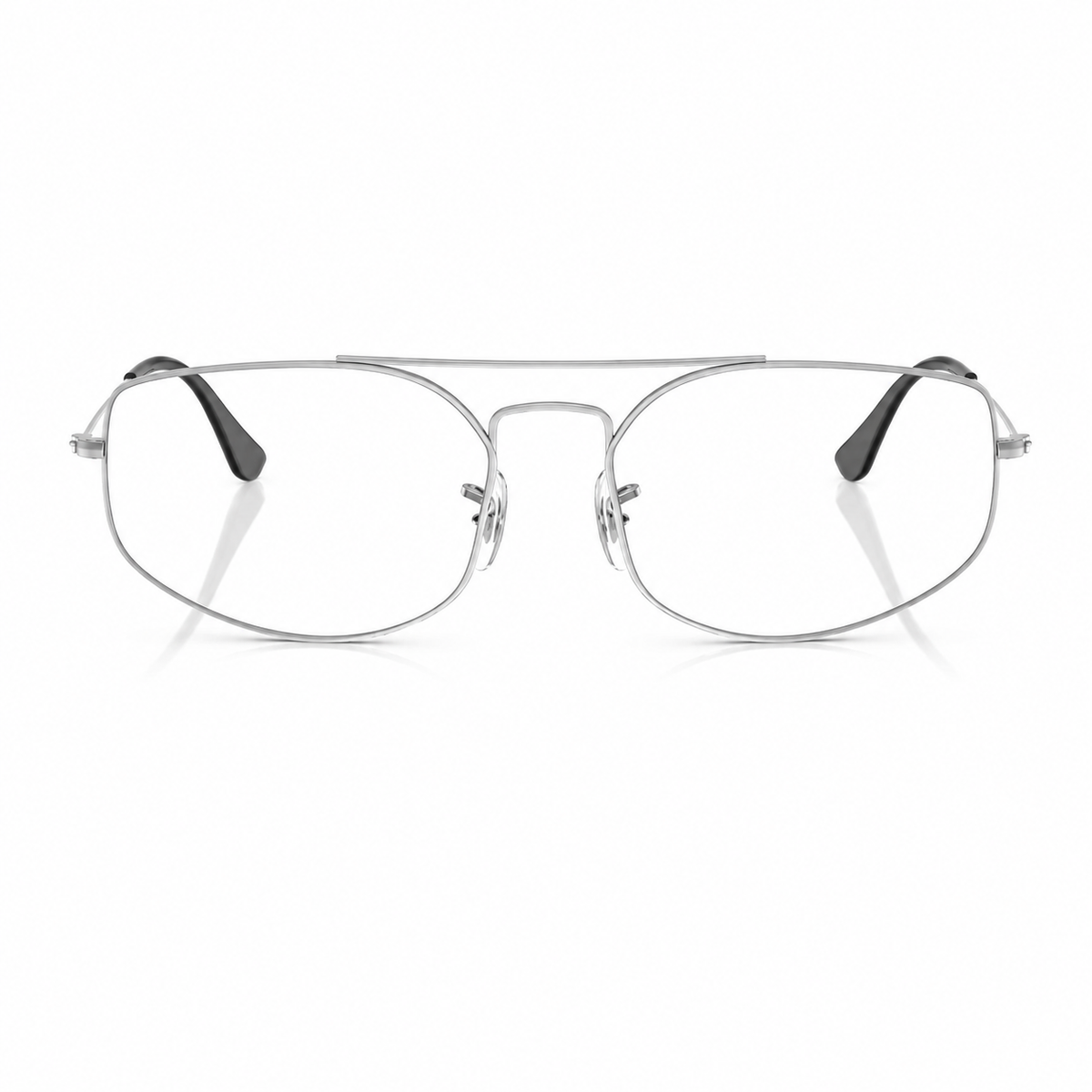 A pair of slim metal aviator-style eyeglasses with a thin silver frame and black temple tips, shown against a plain white background.