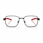 Black metal eyeglass frames with red inner temple arms, shown from the front on a white background with a soft reflection below.