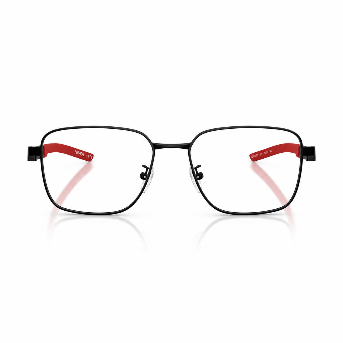 Black metal eyeglass frames with red inner temple arms, shown from the front on a white background with a soft reflection below.