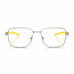 Rectangular metal eyeglasses with a thin silver frame and bright yellow temple tips, shown against a clean white background.