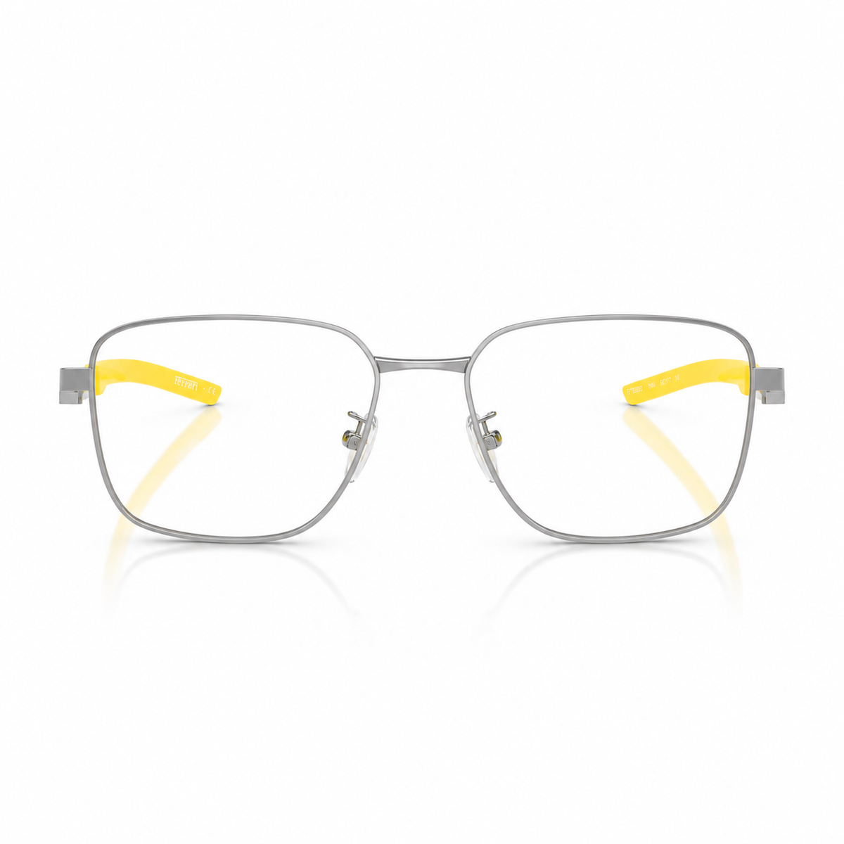 Rectangular metal eyeglasses with a thin silver frame and bright yellow temple tips, shown against a clean white background.