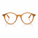 Round acetate eyeglass frames in a translucent amber-brown color, shown from the front on a clean white background with a soft reflection below.