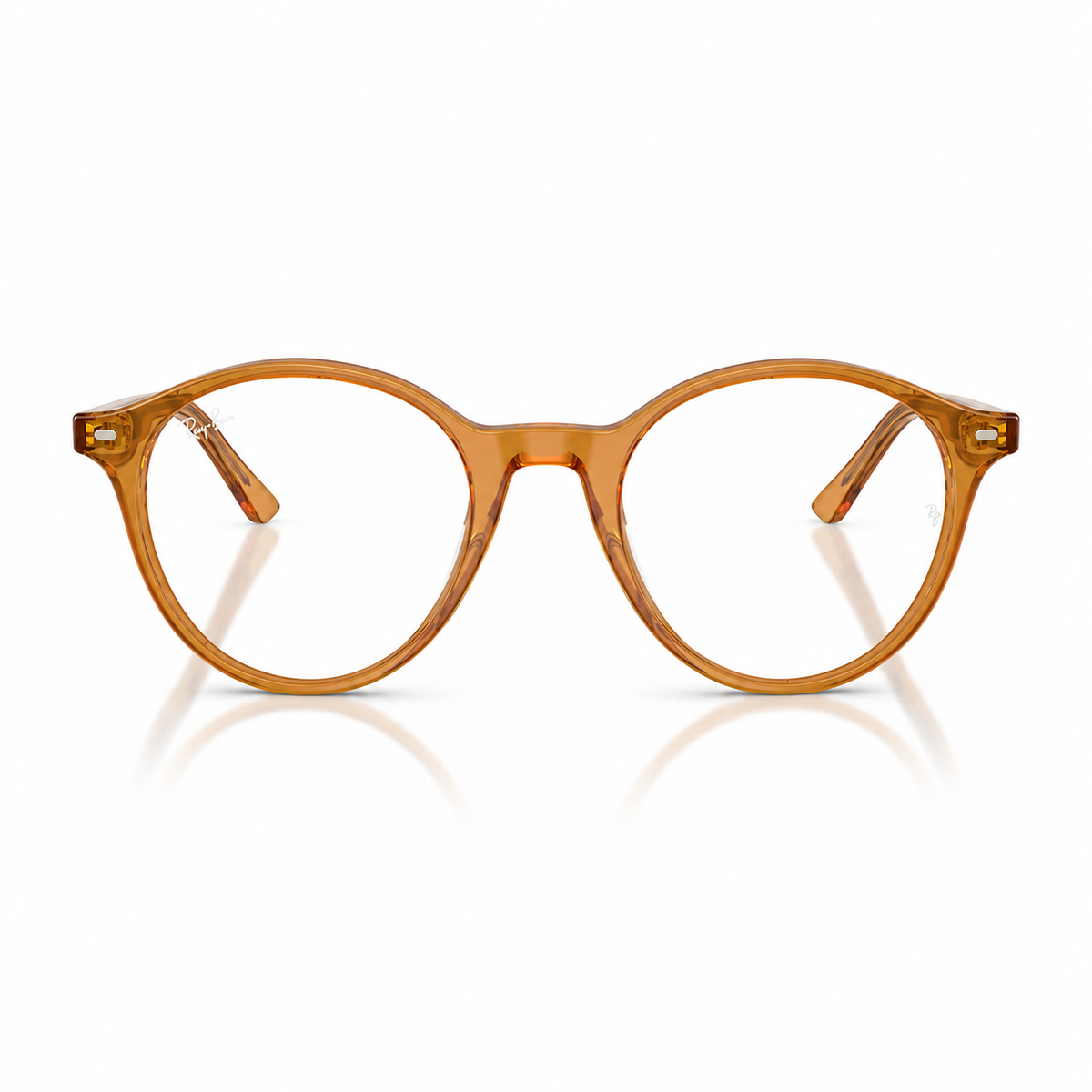 Round acetate eyeglass frames in a translucent amber-brown color, shown from the front on a clean white background with a soft reflection below.
