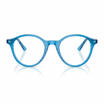 Round blue translucent eyeglass frames with clear lenses, shown from the front on a white background with a soft reflection below.