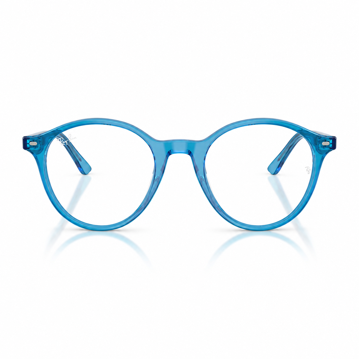 Round blue translucent eyeglass frames with clear lenses, shown from the front on a white background with a soft reflection below.