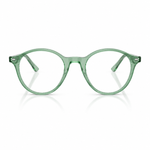Round eyeglasses with translucent mint green acetate frames and clear lenses, shown against a white background with a soft reflection.