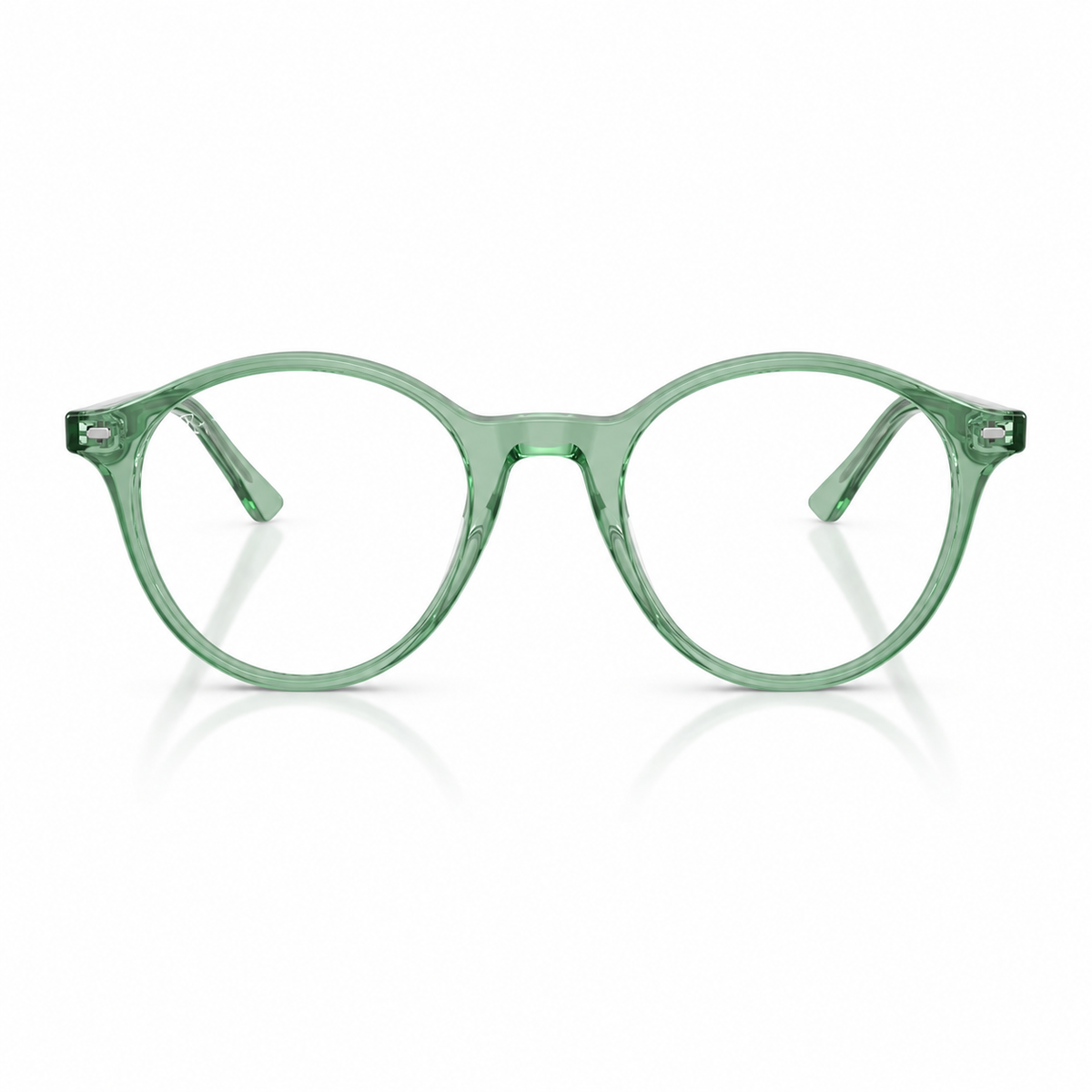Round eyeglasses with translucent mint green acetate frames and clear lenses, shown against a white background with a soft reflection.