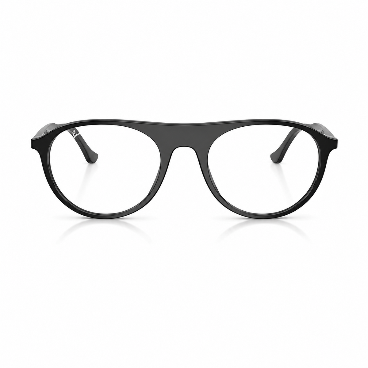 Matte black full-rim eyeglass frames with clear lenses, shown from a front-facing perspective on a clean white background.