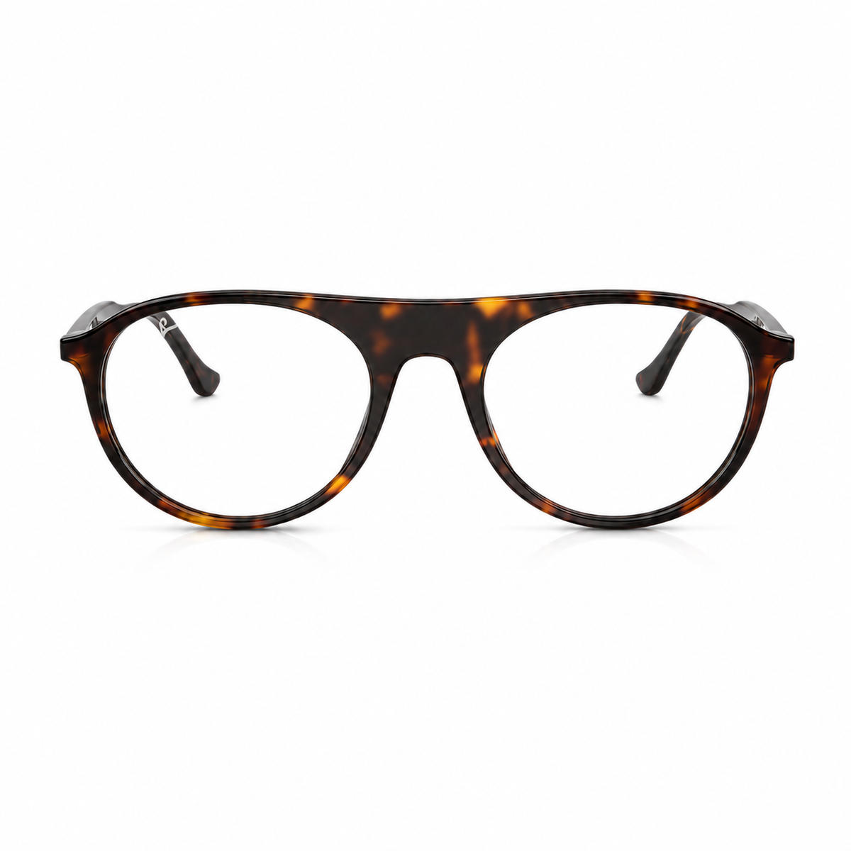 Dark round havana framed eyeglasses on a white background. 