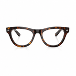 Ray-Ban cat-eye glasses in a classic tortoiseshell acetate frame, featuring a dark brown and amber pattern with silver metal rivets on the temples, shown against a plain white background.