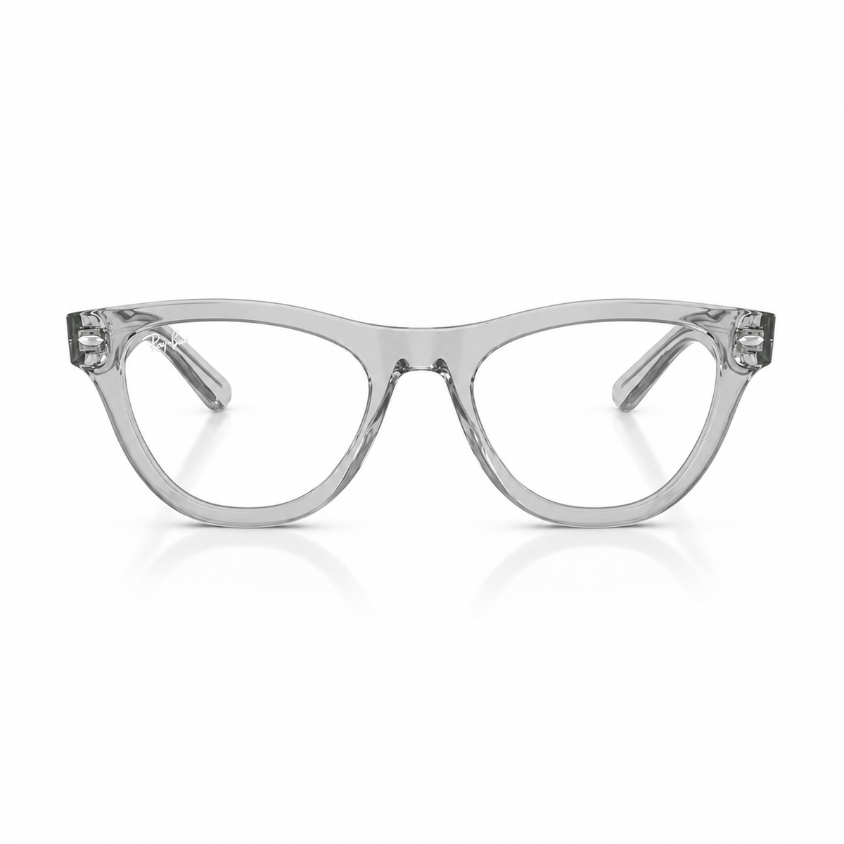Grey acetate cat-eye eyeglasses frames with rhinestone accents on the temples, shown against a white background with a soft reflection.