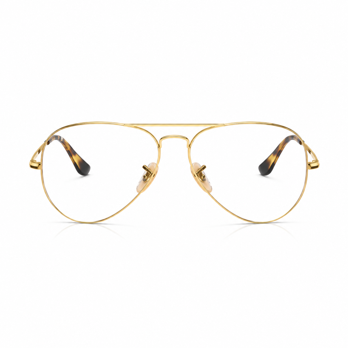 A pair of classic aviator-style eyeglasses with a thin gold metal frame and tortoiseshell temple tips, shown against a plain white background.
