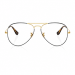 A pair of classic aviator-style eyeglasses with thin gold metal double bridge, black metal lower rims, and tortoiseshell acetate temples, shown on a clean white background with a subtle reflection.